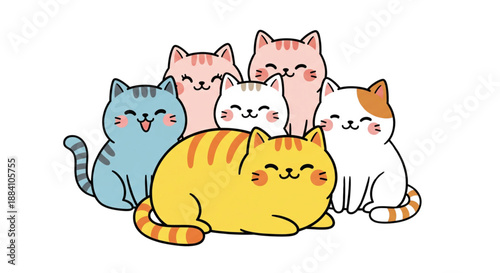 Adorable Kawaii Cats Group Illustration Happy Friendly Felines for Kids Pet Care Animal Welfare Web Design