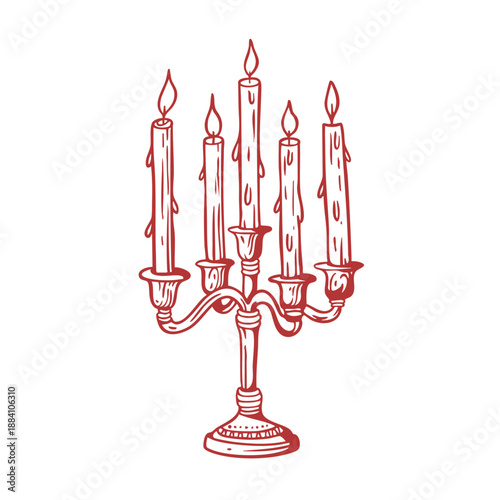 Hand drawn vintage candelabra illustration with five candles