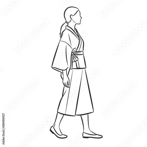 Woman in traditional Japanese attire walking gracefully side profile view.