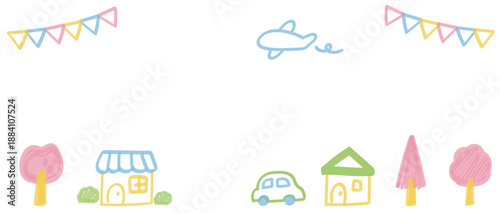 マーカーの落書き風　春の街の横長フレーム