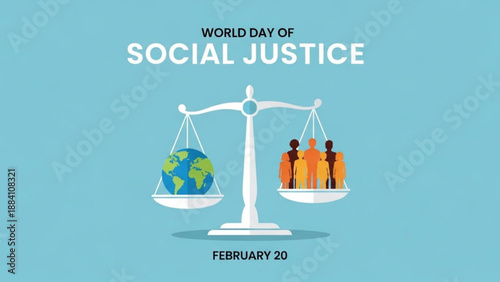 World day of social justice illustration with scale balancing earth and people