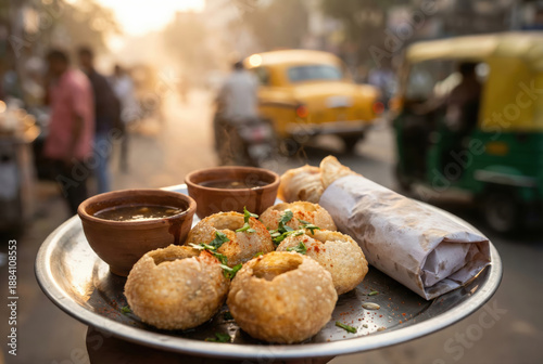Traditional Kolkata Street Food Featuring Spicy Puchka and a Savory Kati Roll on a Busy City Street