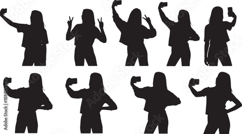 Silhouettes of a woman taking selfies with a smartphone in various poses, representing modern communication and personal expression