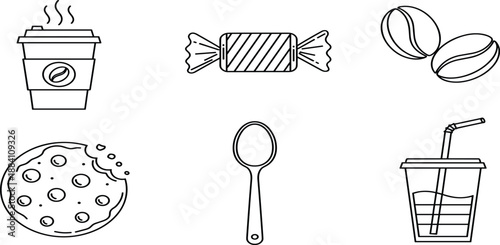 Food and beverage line icons set including hot coffee cup, sweet candy, coffee beans, chocolate cookie, spoon, and soda drink.