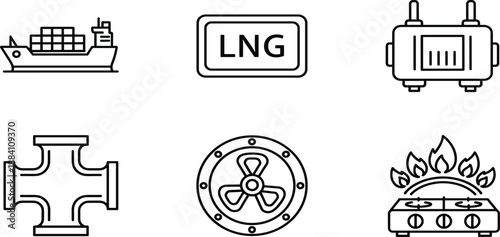 Liquefied natural gas LNG energy industry icons set including cargo ship, pipeline, gas stove, storage tank, pressure valve, and ventilator.