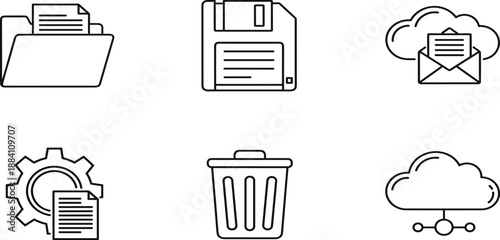 Digital storage and cloud computing line icons set including file folder, floppy disk, cloud email, settings, trash can, and network.