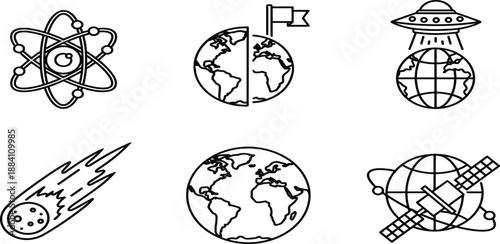 Space exploration and astronomy line icons set including orbiting atom, planet earth flag, UFO spaceship, comet asteroid, and satellite telecommunications.