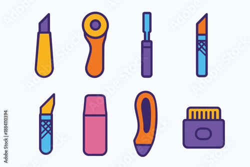 Collection of crafting cutting tools and erasers in flat craft knife rotary cutter
