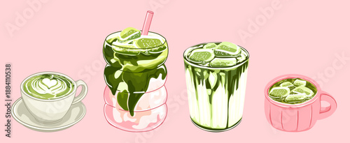 Pastel Matcha Drink Vector Set with Latte and Iced Beverages