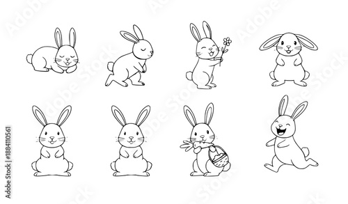 Hand-drawn cute rabbit vector clipart set with playful bunny characters in various poses
