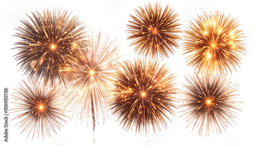 Seven golden explosions burst against black. Glowing, intricate, radial patterns dominate