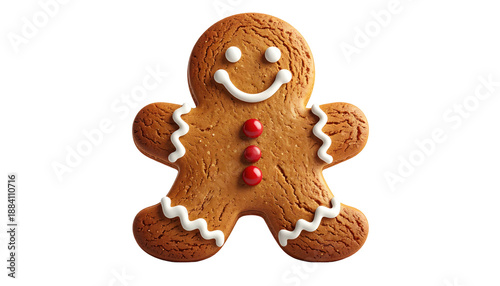 A classic gingerbread man cookie, smiling with icing and red button details, isolated