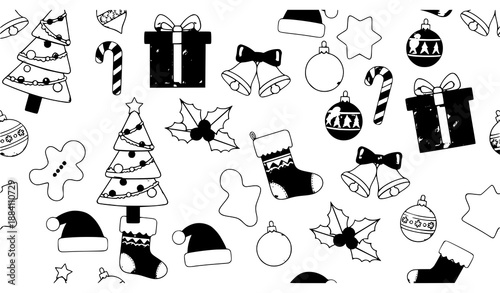 Christmas seamless pattern vector illustration with trees, gifts, candy canes, ornaments, and festive decorations