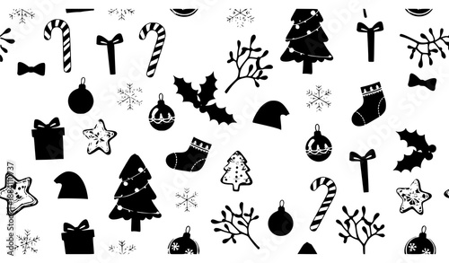 Festive Christmas seamless vector pattern with trees, gifts, candy canes, ornaments, and holiday icons