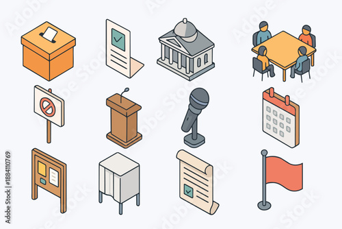 Isometric election and government with voting box and podium politics ballot box
