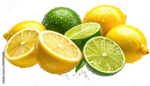 Group of yellow and green citrus fruit, whole and cut, with black specks