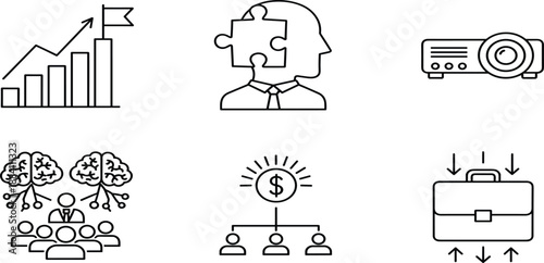 Set of six black and white vector line icons featuring desert mountains, sun, cactus, village, off-road jeep, and camel.