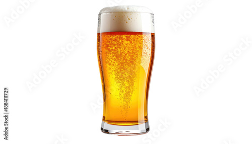 Tall glass filled with golden-hued, bubbly beverage crowned with a creamy head