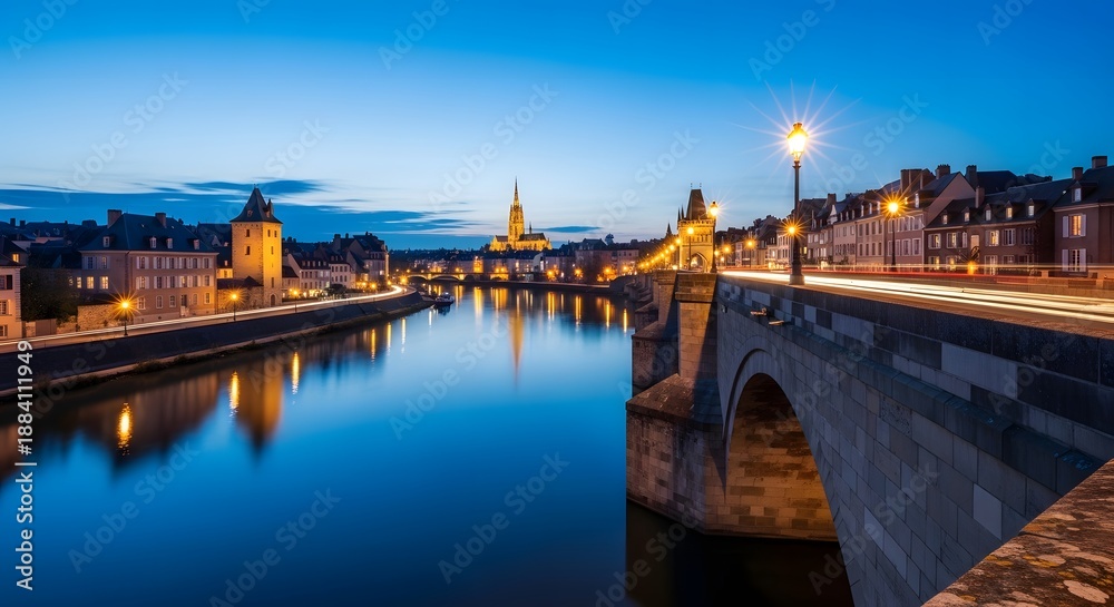 Obraz premium European riverside city with strong water reflections