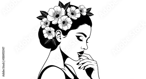 Beautiful Woman with Floral Crown Pensive Black and White Illustration for Spring Beauty and Wellness