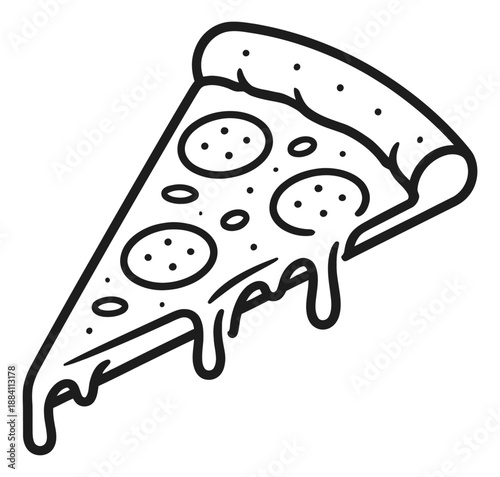 Hand drawn line art illustration of a pizza slice depicting melting cheese for food and restaurant design