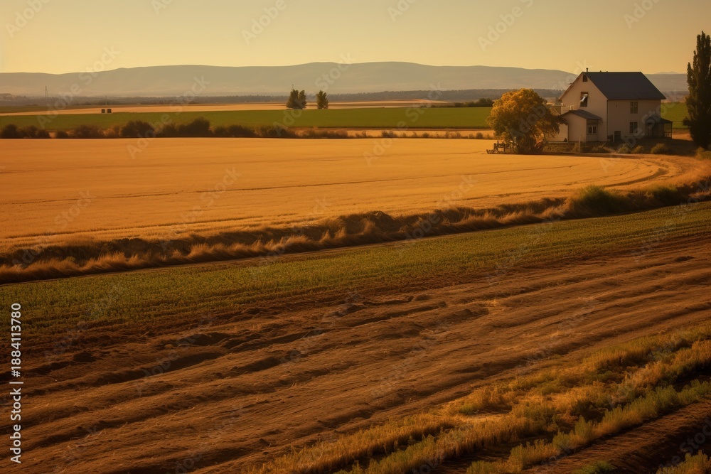 Fototapeta premium Golden Wheat Ears in Rural Farm Field at Harvest Time