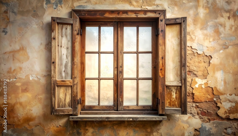 Fototapeta premium Rustic Charm Open Window with Weathered Frame and Wall Tranquil Light Entering Architecture Detail.