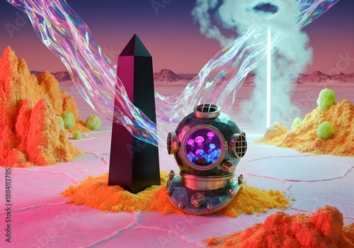 Surreal Still Life: Obsidian, Iridescent Cellophane, and Crystalline Diving Helmet