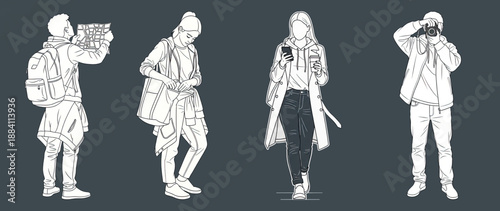 Flat CAD line art urban winter people set. Men and women travelling, shopping, working for architecture entourage and planning visuals.
