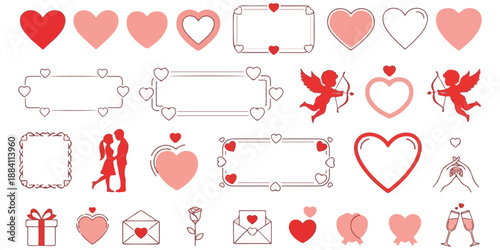 a collection of various valentine s day themed illustrations including hearts cherubs envelopes and decorative frames in shades of pink and red
