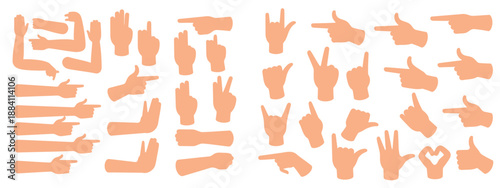 Hand Gestures Vector Illustration, Male and Female Arms with Various Finger Signs, Pointing, Counting, Stop, Like, and Communication Poses, Minimal Flat Design Isolated on Light Background