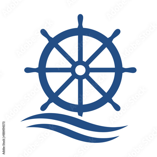 Ship steering wheel with waves nautical symbol for direction and control icon