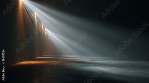 Dramatic beams of light in a dark, minimalist interior. Cinematic scene with powerful beams of light. Mysterious atmospheric setting with shadows and textures. Dramatic background.