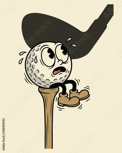 Terrified Golf Ball Cartoon Mascot on Tee