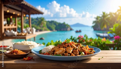 Tropical beachside restaurant scene with delicious meal in exotic tourist destination.