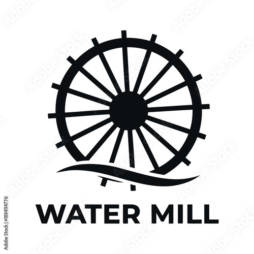 Water mill wheel logo with wave design element and text icon