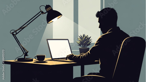 Silhouette of a man working on a laptop at a desk with a lamp.