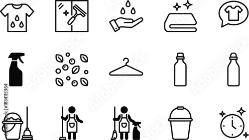 Set of fifteen black linear icons for cleaning services including laundry, window wiping, spray bottles, and housekeeping staff.