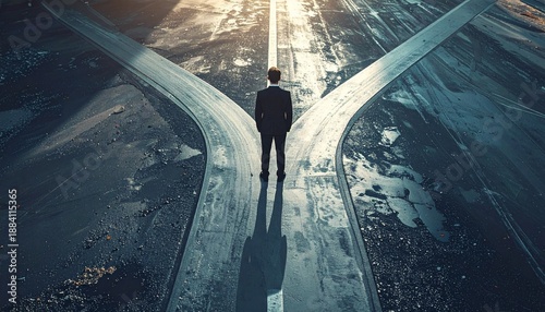 Businessman at Crossroads Choosing Between Two Paths