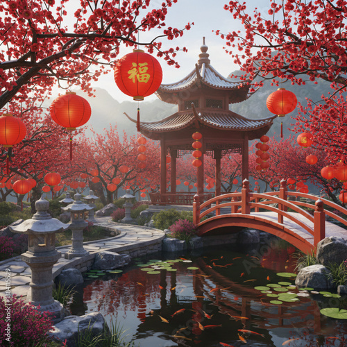 A serene Chinese garden at springtime, filled with red cherry blossoms and hanging red lanterns, a traditional pavilion with curved roof, a red arched bridge over a koi pond, soft natural lighting