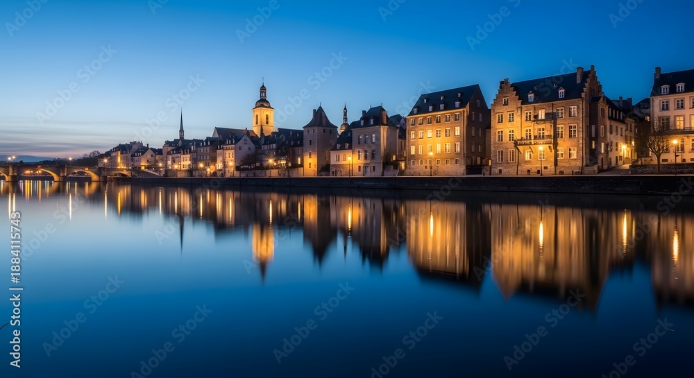Obraz premium Cinematic wide shot of historic European city along a river