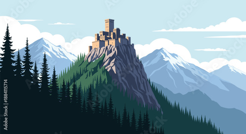 Majestic medieval castle perched on top of a steep rocky cliff surrounded by a lush green forest and snow-capped mountains.