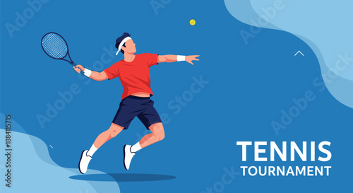 Professional male tennis player in action hitting a ball with a racket during an intense tournament match on a blue background.