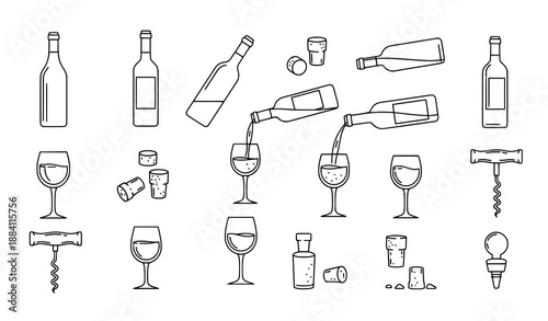 Wine bottle and glass line vector icons set isolated on white