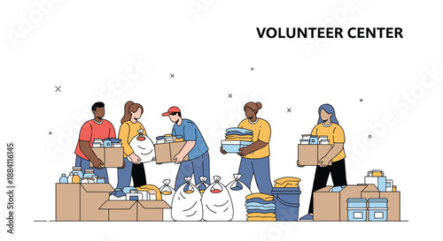 Dedicated group of people working at a volunteer center to pack essential food and clothing donations for charity and relief.