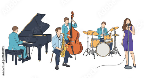 Full jazz band performing with a female singer, pianist, saxophonist, double bass player, and drummer on a white background.