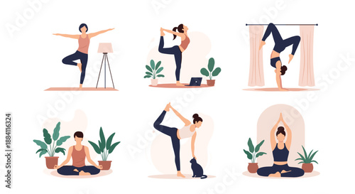 Collection of illustrations depicting women practicing different yoga poses and meditation techniques at home for wellness.