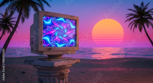 Psychedelic Sunset on a Retro Monitor