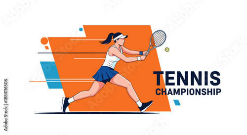 Athletic woman playing tennis and hitting a ball with her racket during a competitive match on a vibrant orange background.
