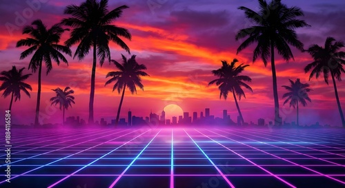 Vaporwave Sunset with Palm Trees and Geometric Grid